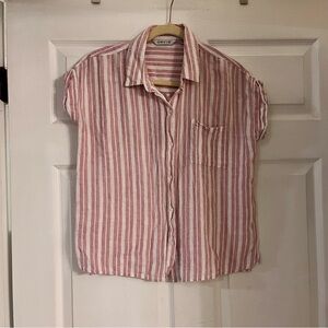 Orvis short sleeve linen blend button down women’s shirt pink striped medium